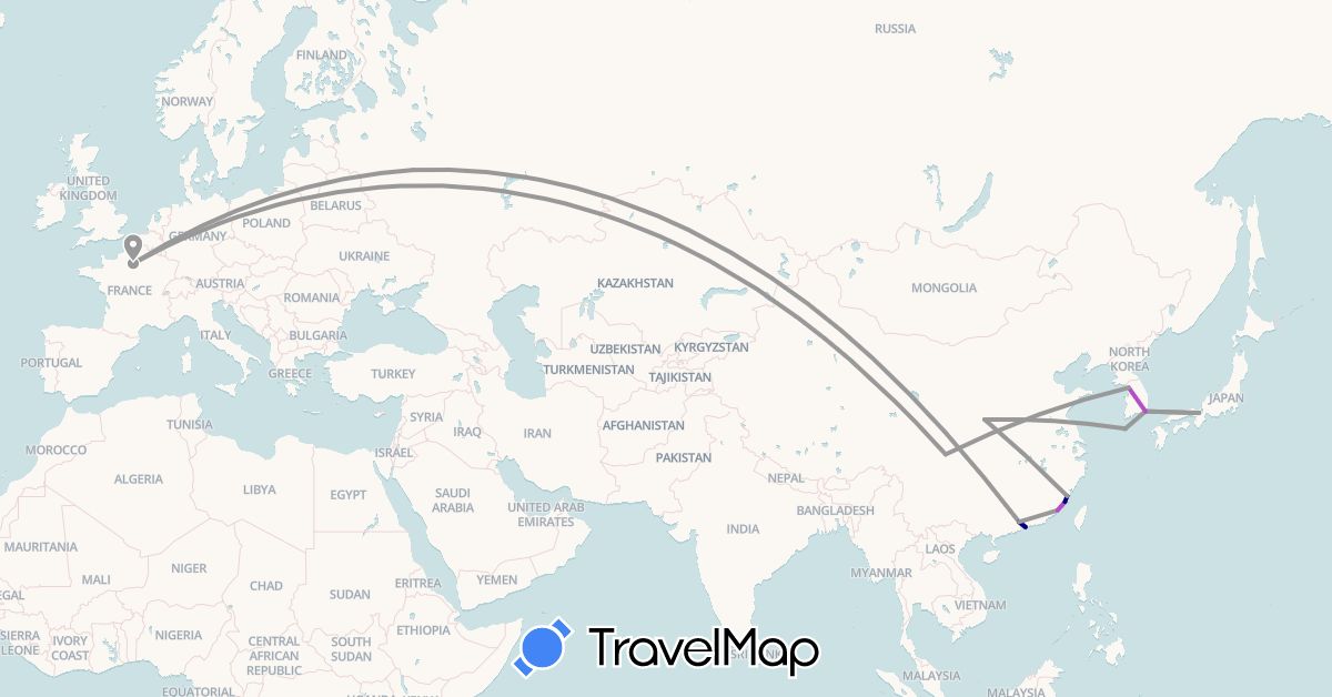 TravelMap itinerary: driving, plane, train in China, France, Japan, South Korea, Russia (Asia, Europe)
