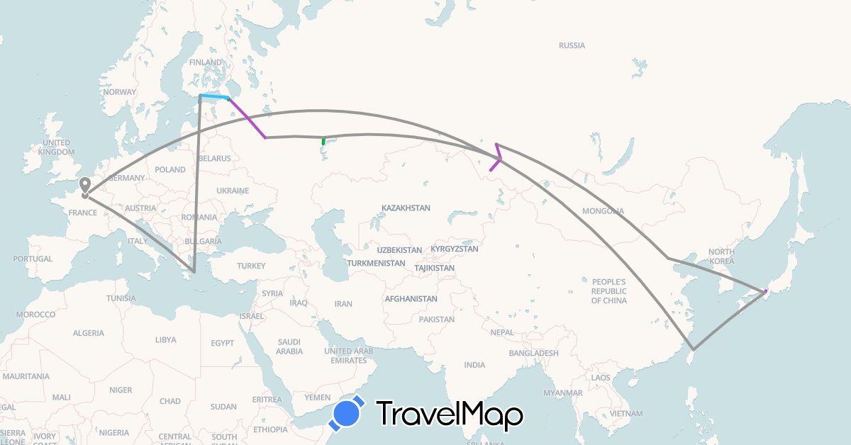 TravelMap itinerary: driving, bus, plane, train, boat in China, Estonia, Finland, France, Greece, Japan, South Korea, Russia, Taiwan (Asia, Europe)