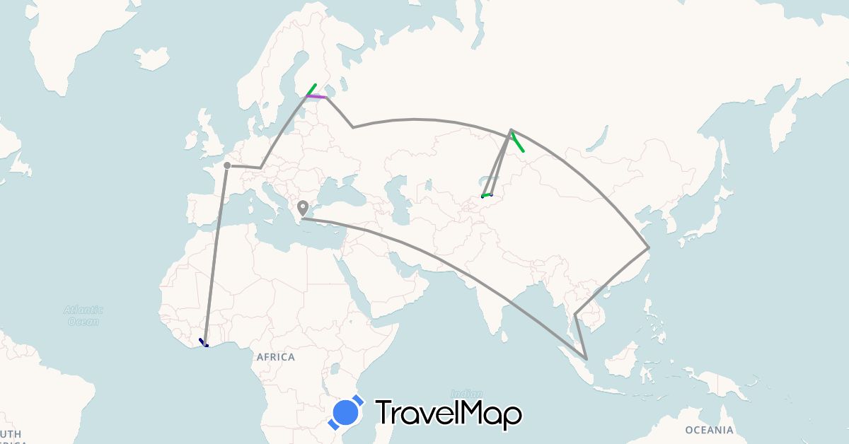 TravelMap itinerary: driving, bus, plane, train in Côte d'Ivoire, China, Germany, Finland, France, Greece, Kyrgyzstan, Kazakhstan, Russia, Singapore, Thailand (Africa, Asia, Europe)