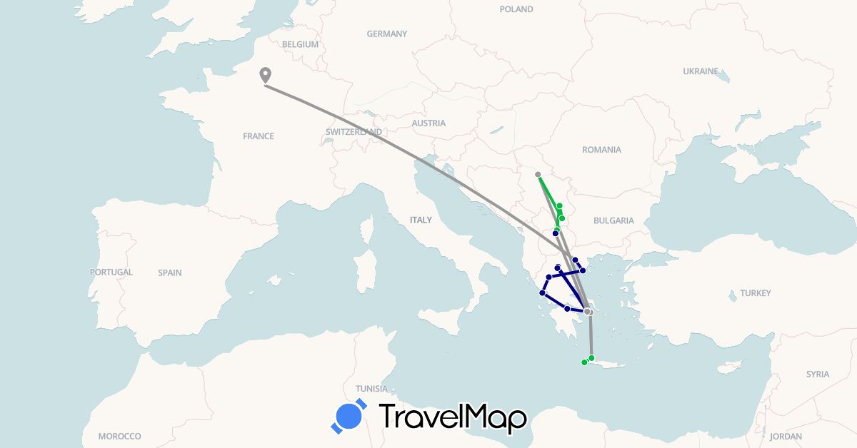 TravelMap itinerary: driving, bus, plane in France, Greece, Macedonia, Serbia (Europe)