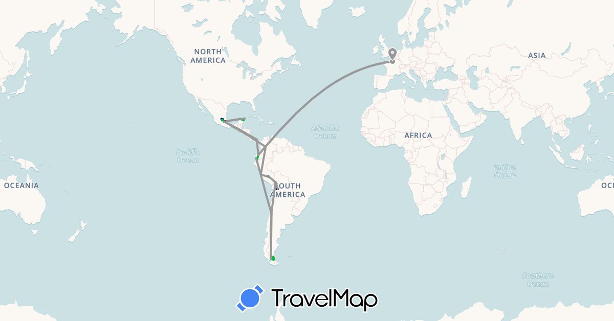 TravelMap itinerary: driving, bus, plane, train, hiking, boat in Bolivia, Chile, Colombia, Ecuador, France, Mexico, Panama, Peru (Europe, North America, South America)