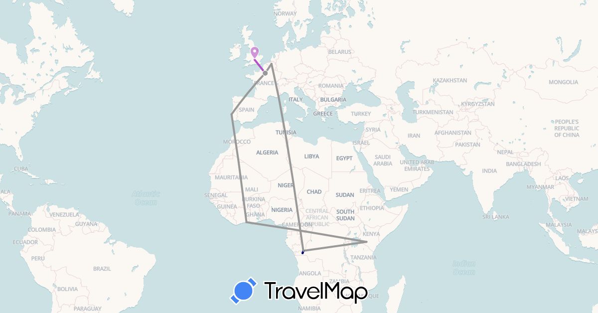 TravelMap itinerary: driving, plane, train in Belgium, Democratic Republic of the Congo, Côte d'Ivoire, France, United Kingdom, Kenya, Portugal (Africa, Europe)